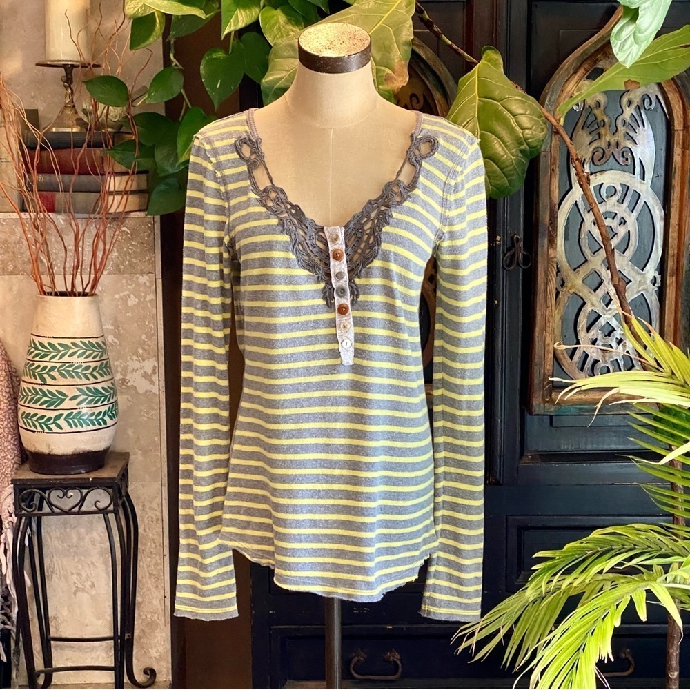 Free People Gray & Lime Green Striped Crochet Henley Exposed Seam Top